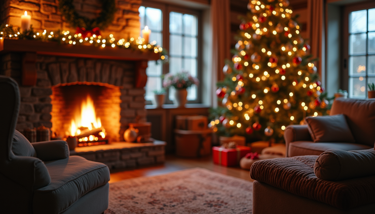 Eye-level view of a cozy living room decorated with traditional Christmas ornaments and a glowing fireplace