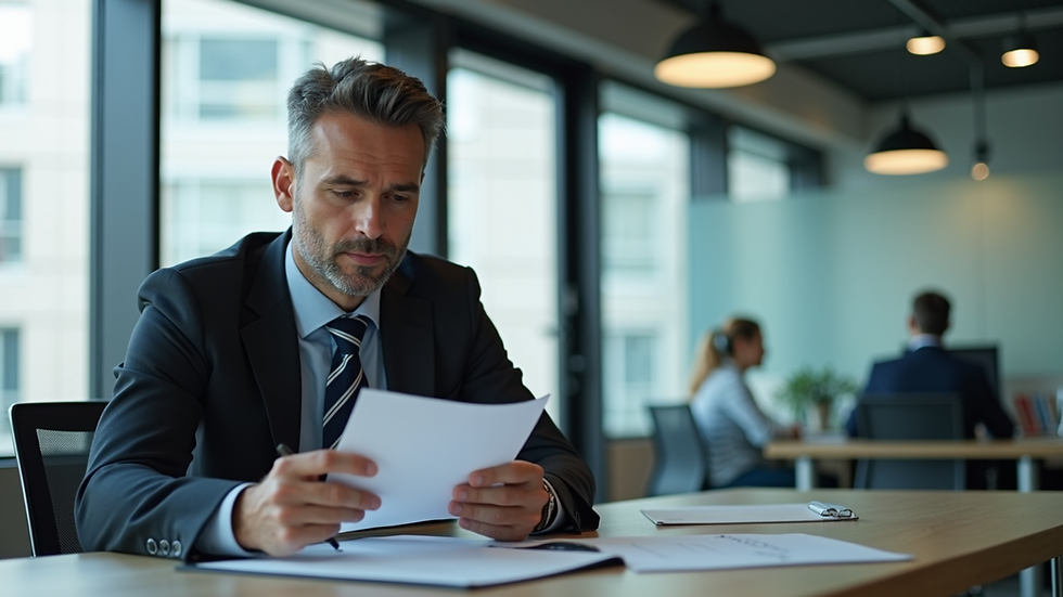 Eye-level view of a business leader reviewing notes in a modern office