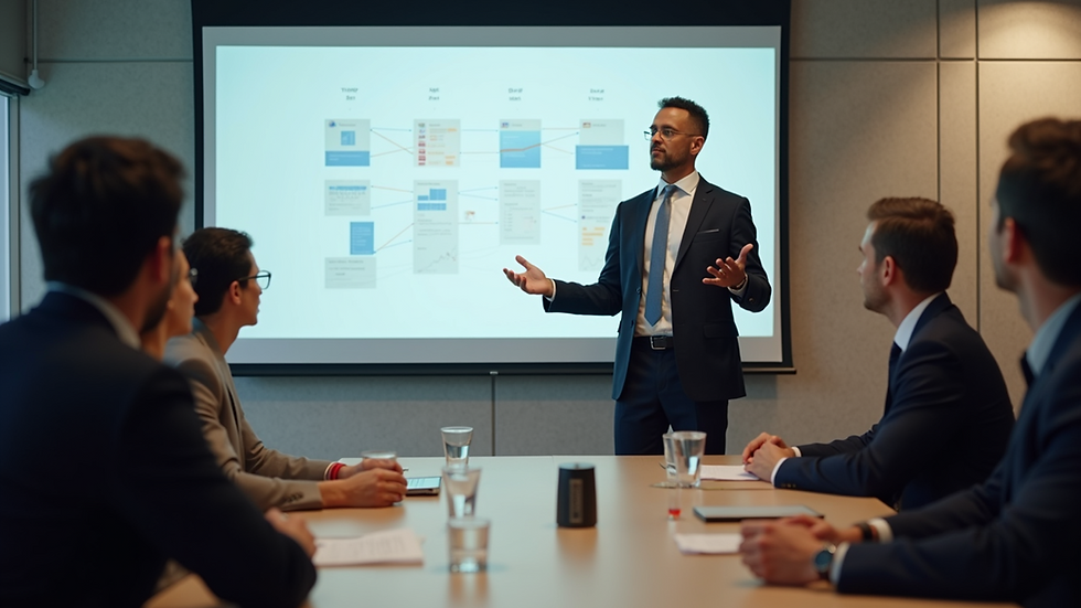 Eye-level view of a consultant presenting leadership strategies to a small group