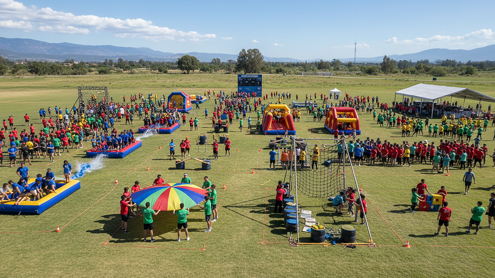 High angle view of a large group participating in an outdoor team challenge