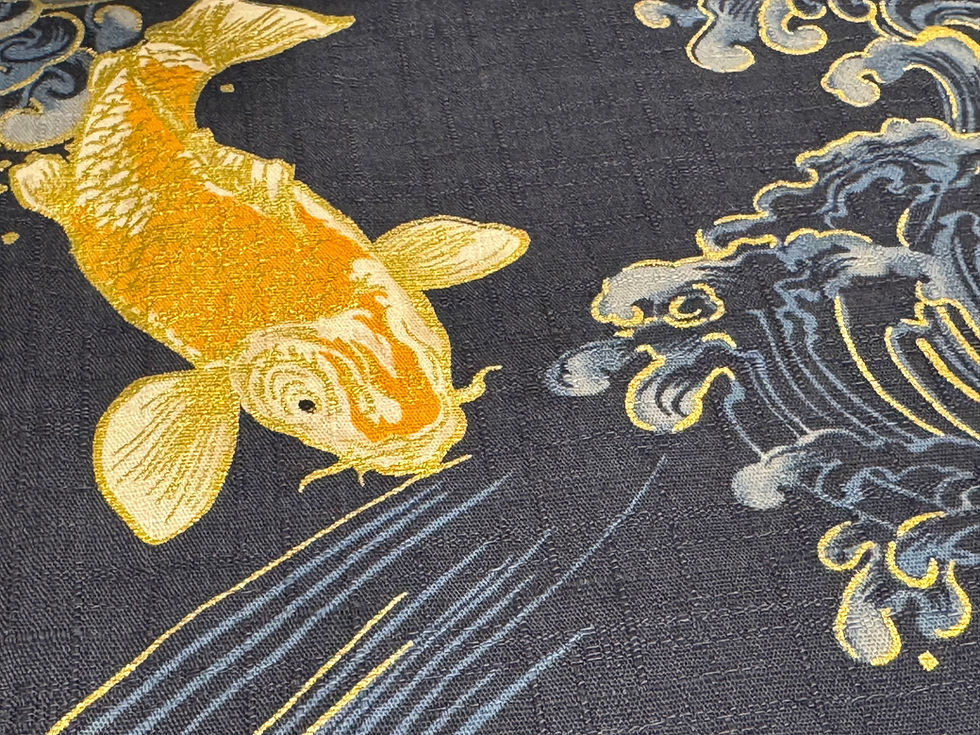 Thumbnail: #66130-102 'Abiko' gold metallic koi on BLACK, by 1/2m