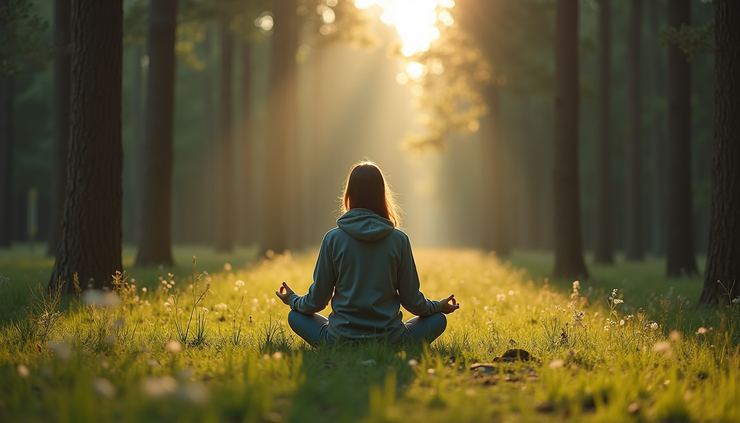 Eye-level view of a person sitting cross-legged on a grassy field surrounded by trees
