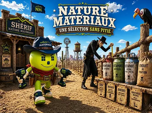 Mascotte shérif Nature Matériaux illustrant la sélection de produits plus sains