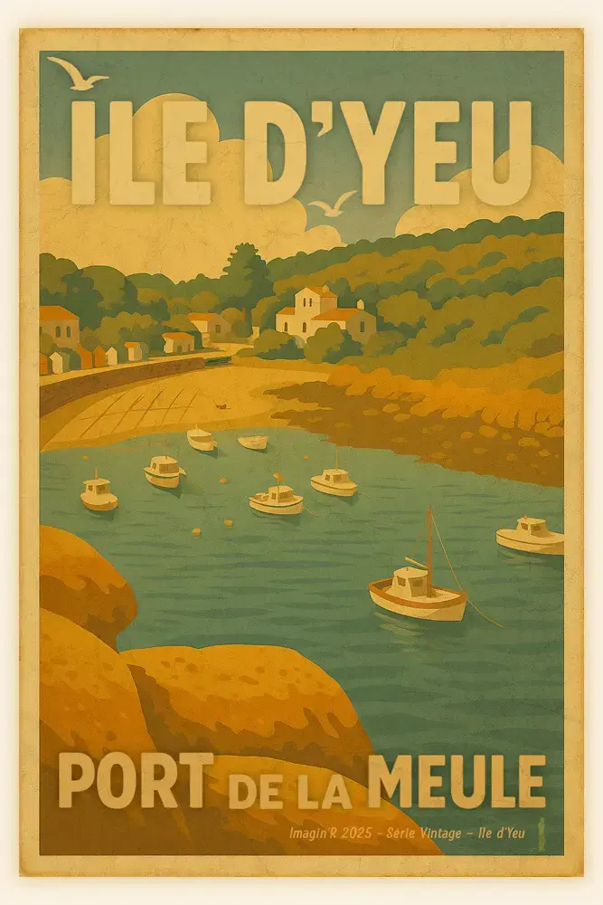 Affiche vintage illustrée du Port de la Meule sur l’île d’Yeu, série Imagin’R