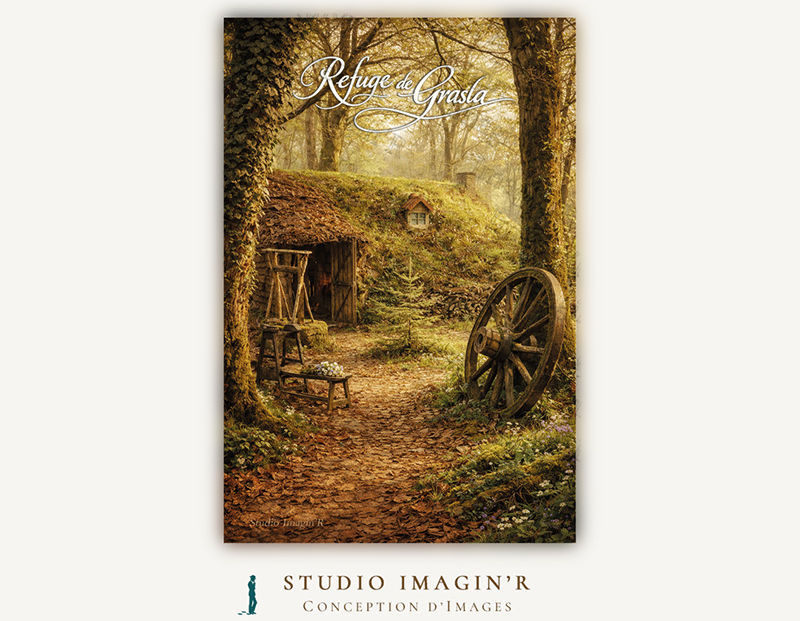 Affiche du Refuge de Grasla en Vendée dans la forêt avec une cabane et une roue ancienne – Vendée 1794.