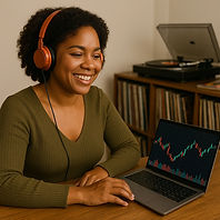 Black woman smiling - online stock trading - classic R&B record collection in background
