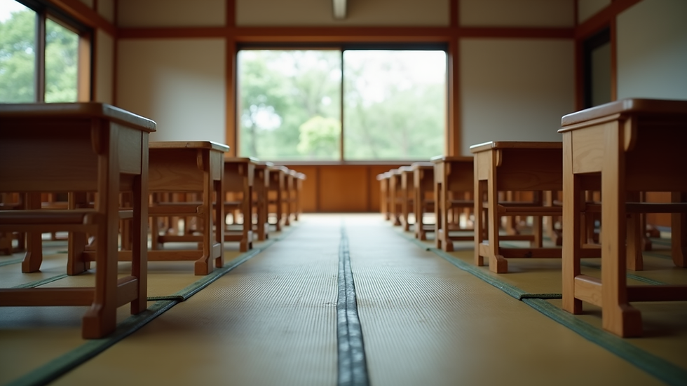 Eye-level view of a traditional Kyoto classroom with wooden desks and tatami mats