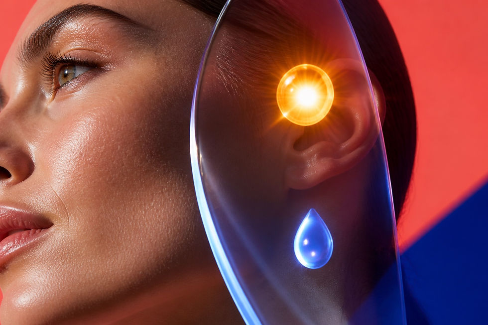 Viso protetto da schermo trasparente con simboli di sole e idratazione