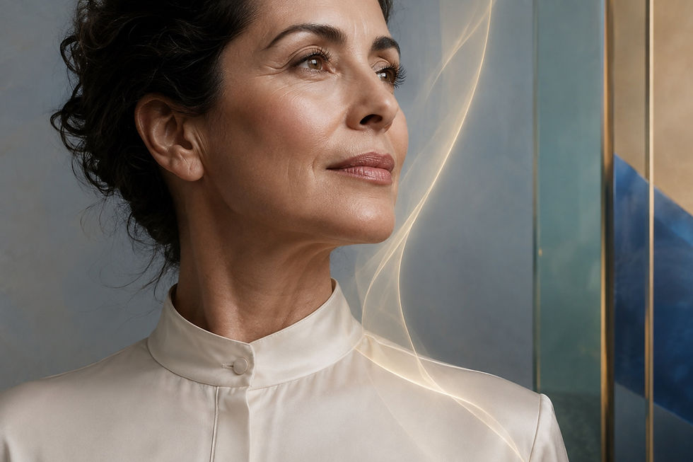 Donna matura con collo naturale e camicia elegante attraversata da un nastro luminoso color oro