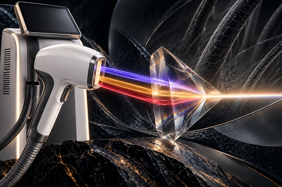 Manipolo laser professionale con tre fasci colorati che rappresentano le tre lunghezze d’onda