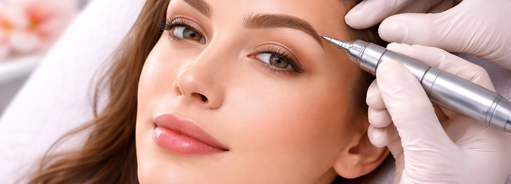 Trattamento di trucco permanente alle sopracciglia eseguito con dermografo su viso femminile, lavoro di precisione per valorizzare i lineamenti in modo naturale