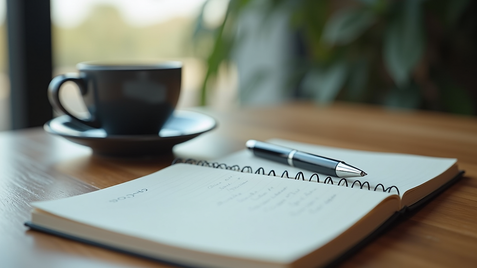 Eye-level view of a notebook and pen on a desk with a cup of coffee