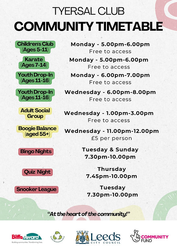 Tyersal Club community timetable: classes, days, times