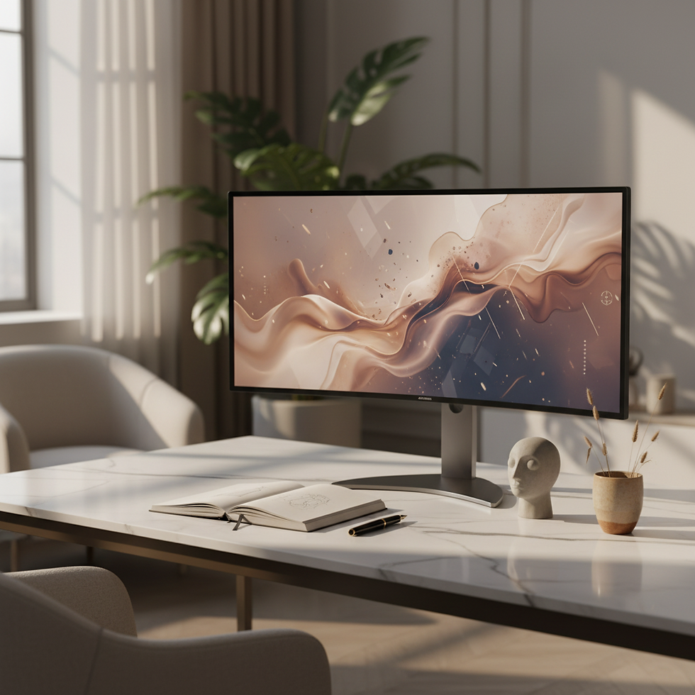 Minimalist creative studio desk with a large screen displaying elegant imagery, representing AI in luxury brand marketing