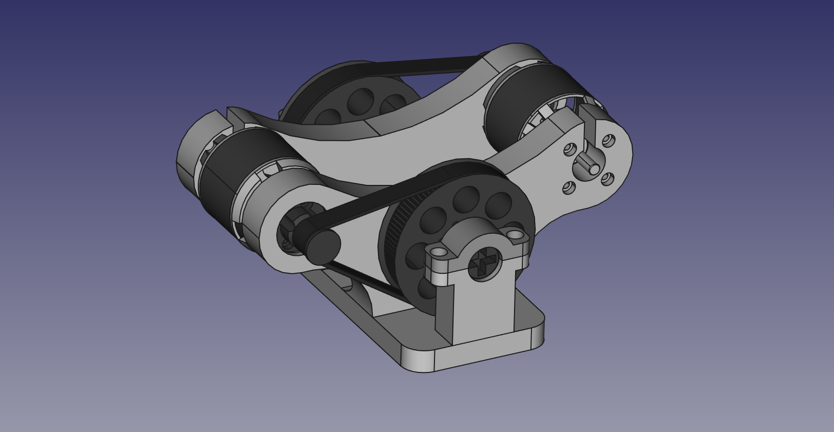 A belt-drive mechanism modelled in FreeCAD