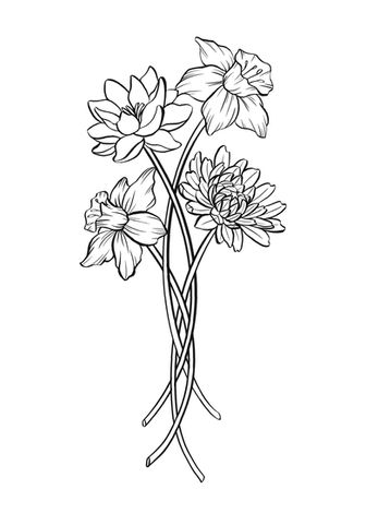 Black and white line art of 4 flowers with the stems intertwined at the end.