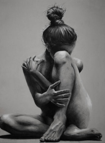 Black and white drawing of a woman in a seated pose