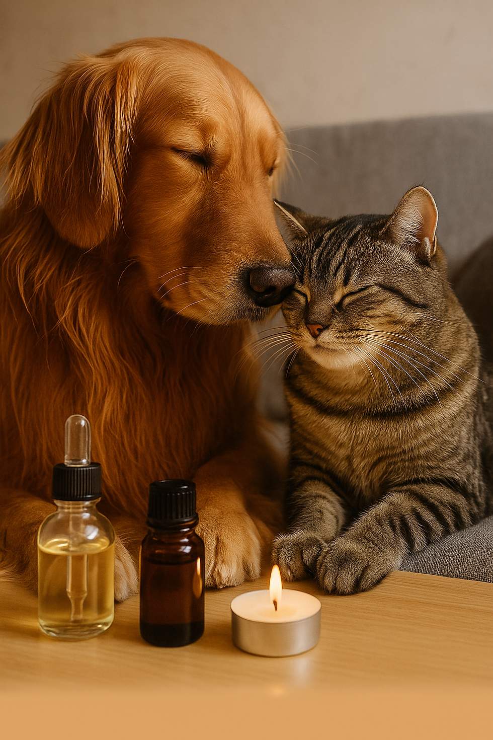 Cat and dog relaxing with essential oils