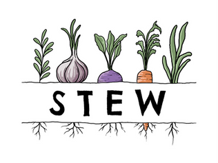 The word 'stew' amidst various root vegetables