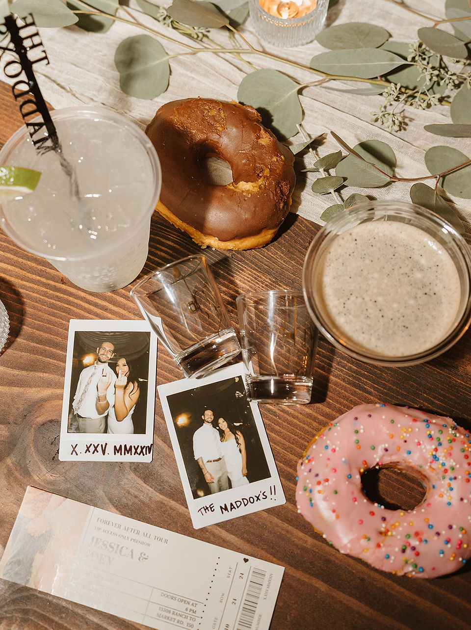Reception dessert table with donuts and sweet treats at a Dripping Springs wedding at The Addison Grove, photographed by Grace J Photo, a Texas Hill Country wedding photographer.