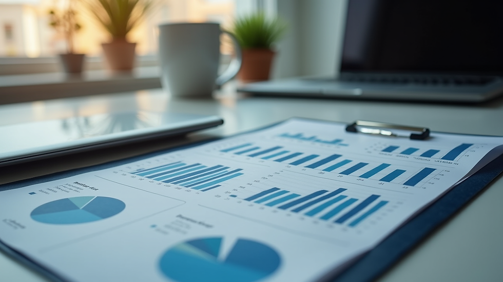 Plano medio de una computadora portátil con gráficos financieros y documentos de inversión