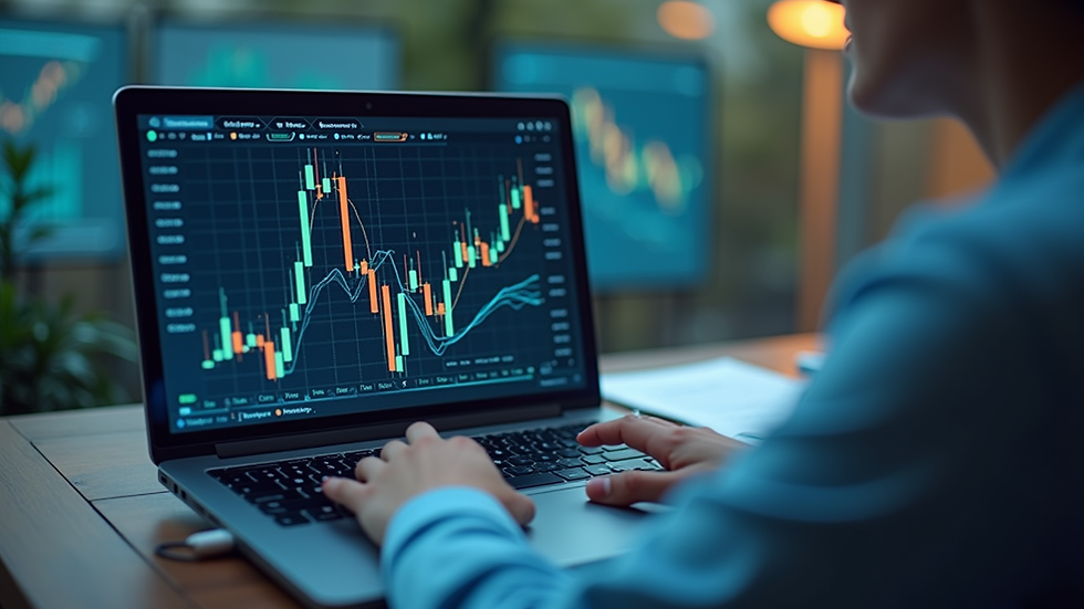Plano detalle de una computadora portátil con gráficos financieros en pantalla