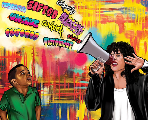 A little boy watches a woman is speaking through a mega phone with words coming out.