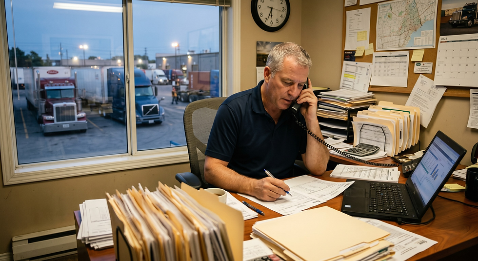 Fleet manager at a desk surrounded by paperwork and on the phone, representing the administrative burden that follows a fleet accident