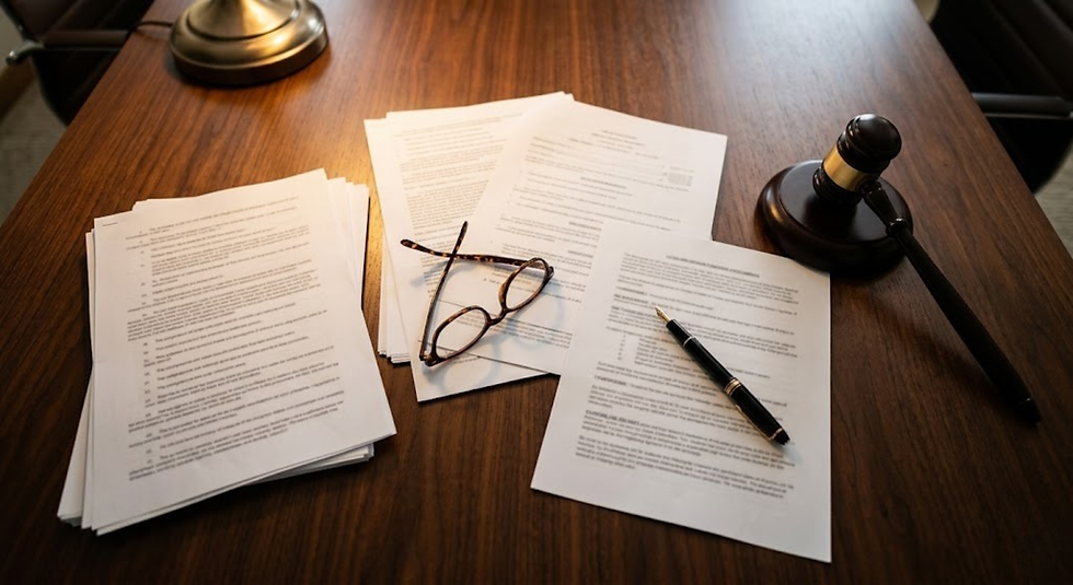 Legal documents, gavel, and reading glasses on a conference table representing the legal costs and liability exposure from commercial truck accidents