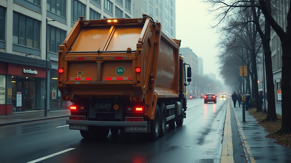 High angle view of garbage truck equipped with safety sensors reversing safely