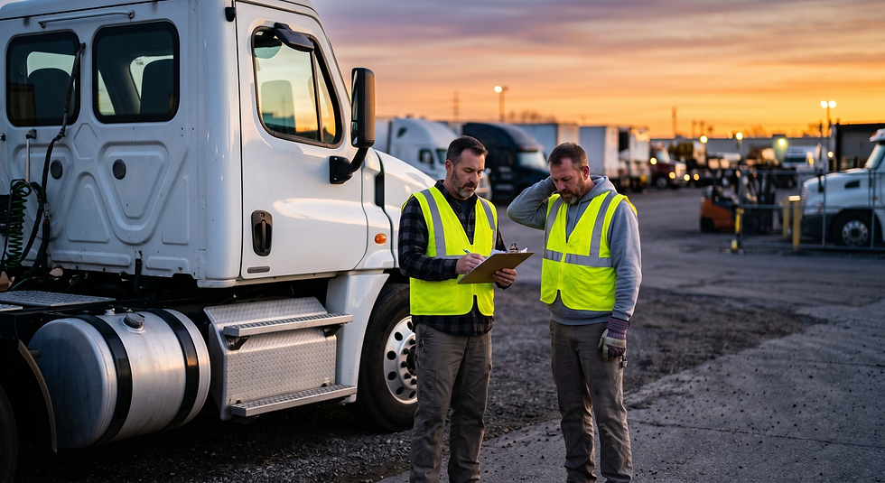 Two truck drivers in high-visibility vests standing in a fleet yard at dusk, showing the overtime and fatigue caused by covering routes for a downed vehicle