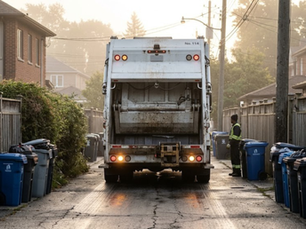 Garbage truck reversing in a narrow residential alley during early morning hours, showing limited visibility and tight spaces that increase backing accident risk