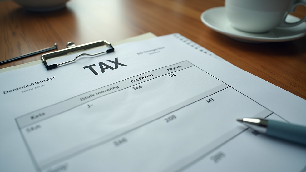 High angle view of calendar and tax documents on a wooden table