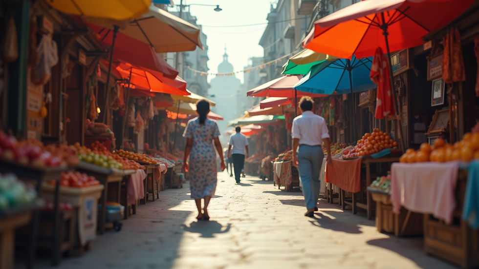 Eye-level view of a vibrant outdoor market with colorful stalls