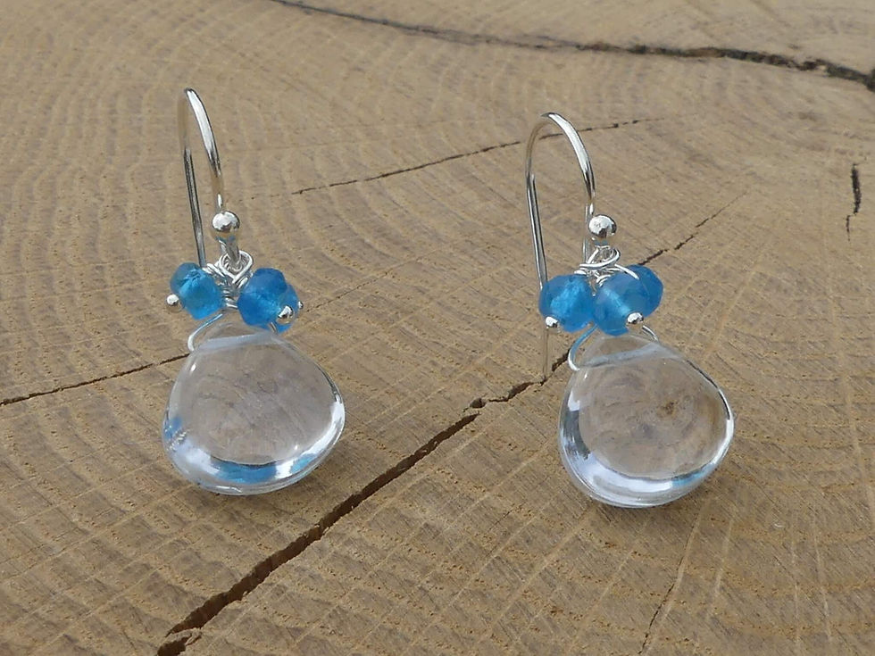 Thumbnail: Smooth Rock Crystal Earrings topped with Blue Apatite