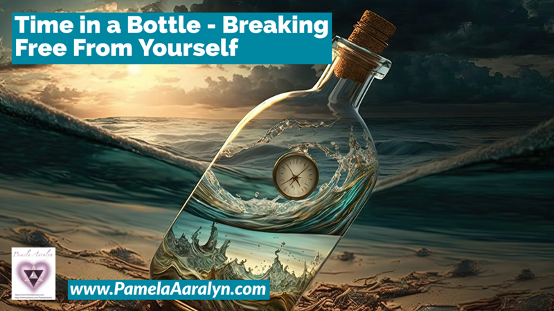 A clock inside a bottle floating on the ocean, with text 'Time in a Bottle – Breaking Free From Yourself'.
