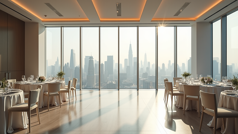 Wide angle view of a modern wedding venue with floor-to-ceiling windows and city skyline