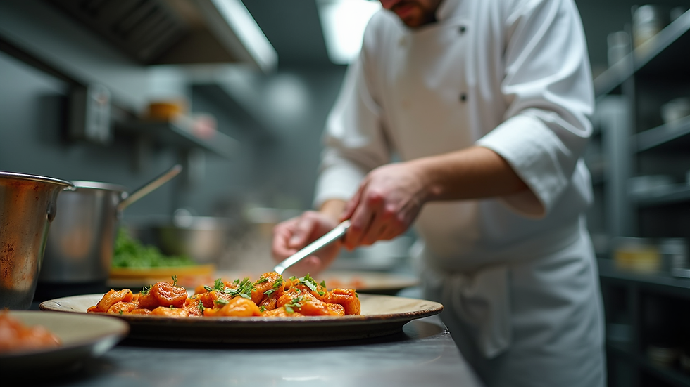 Close-up view of a chef preparing halal dishes in a professional kitchen