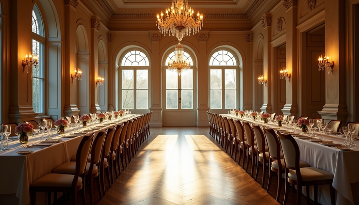 Eye-level view of a grand historic hall with elegant chandeliers and decorated tables