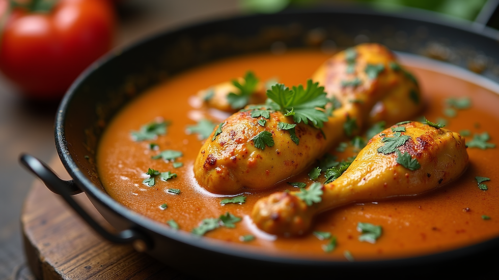 Close-up of sizzling chicken karahi in a traditional karahi pan
