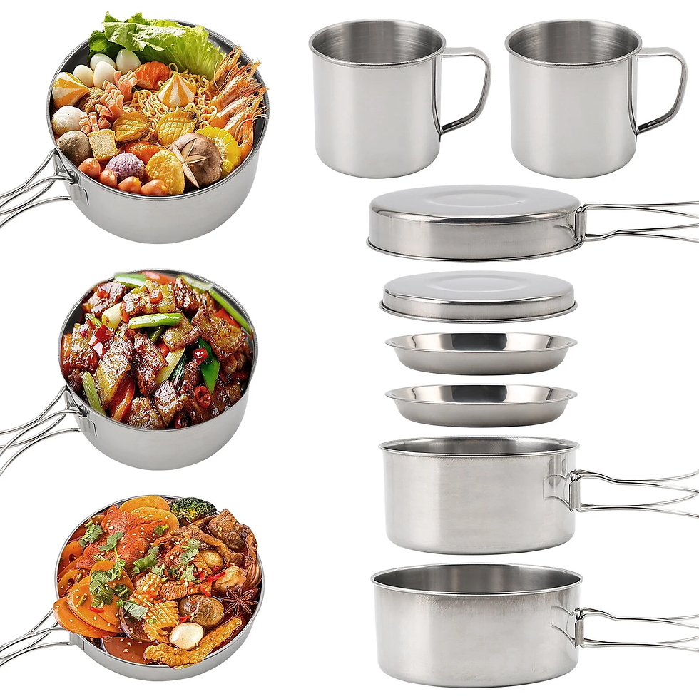 8-piece stainless steel camping cookware set with pots, pan, cups, and plates.