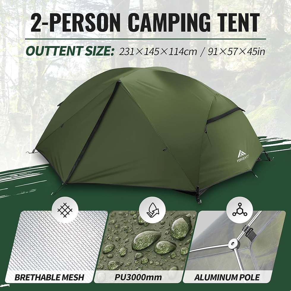 Dark green waterproof tent exterior with full rainfly set up outdoors at dusk