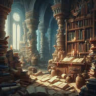 Фэнтези арт, библиотека. Много книг, свитков, пергамента. Без персонажа..png