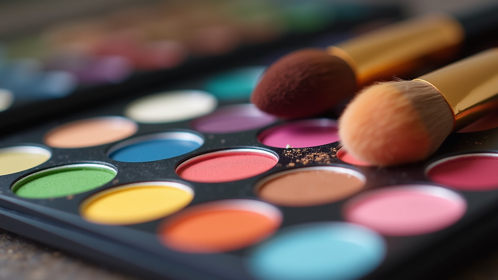Eye-level view of a colorful makeup palette with brushes arranged neatly