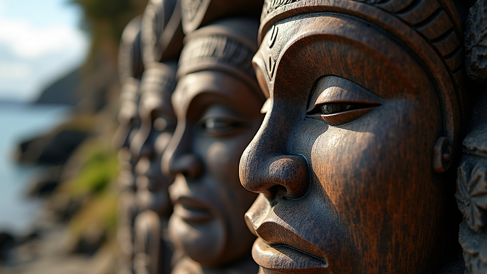 Close-up view of a Māori sculpture highlighting intricate carvings
