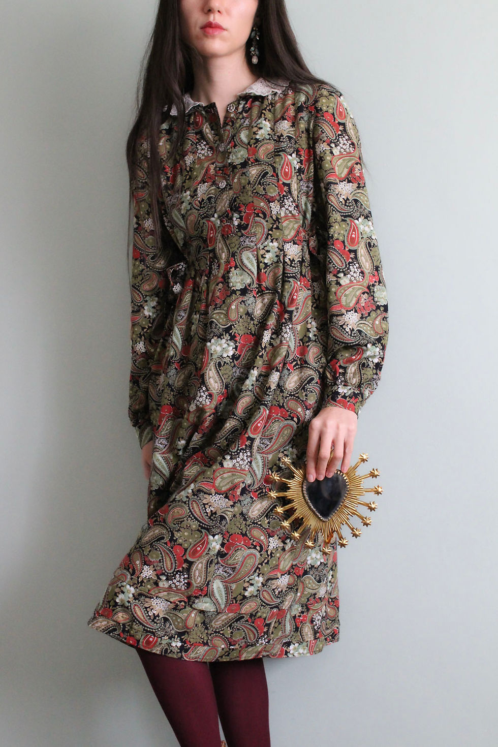 Vintage paisley dress with lace collar in black green red gold and black