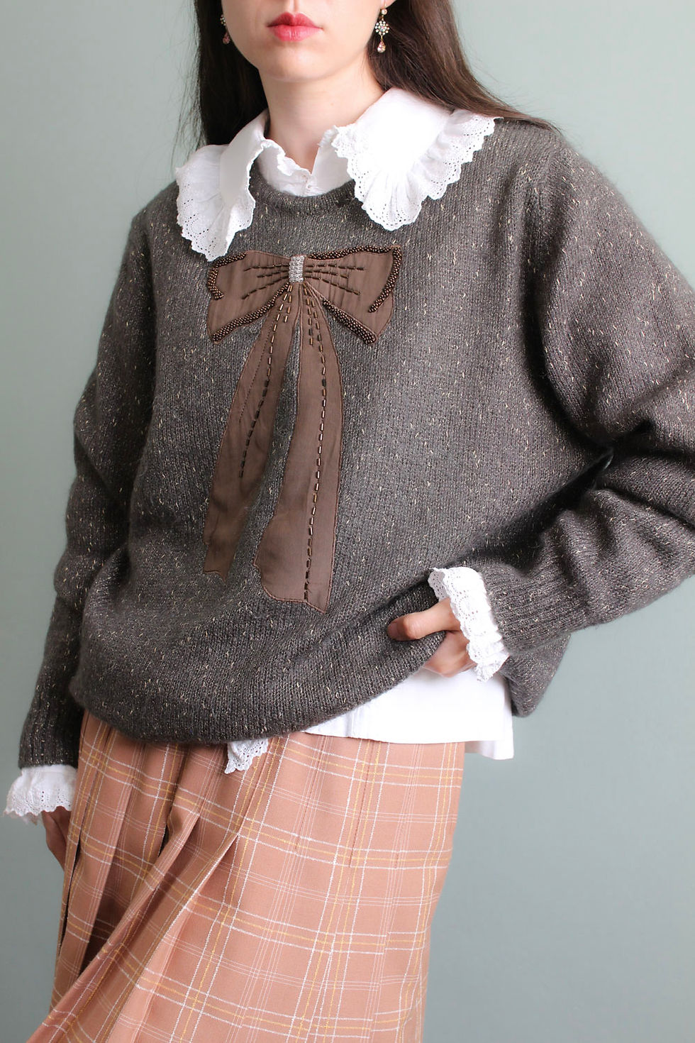 Thumbnail: Vintage Maurice Abot brown khaki Schiaparelli bow inspired sweater
