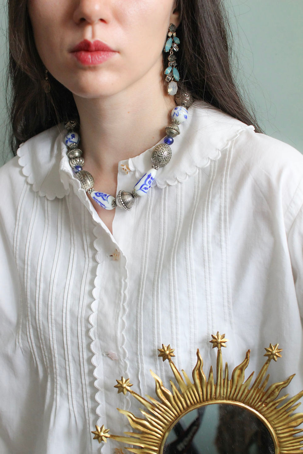 Thumbnail: Starry sky button up antique white cotton blouse
