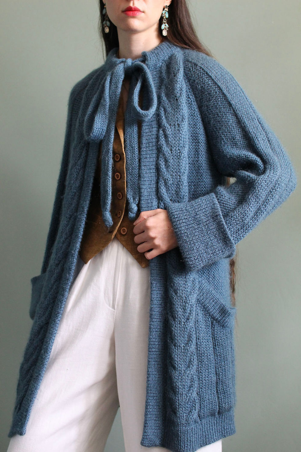 Thumbnail: Vintage long cardigan of vest in blauwe mohair wol mix 70s whimsy style Charlotte Isabeau