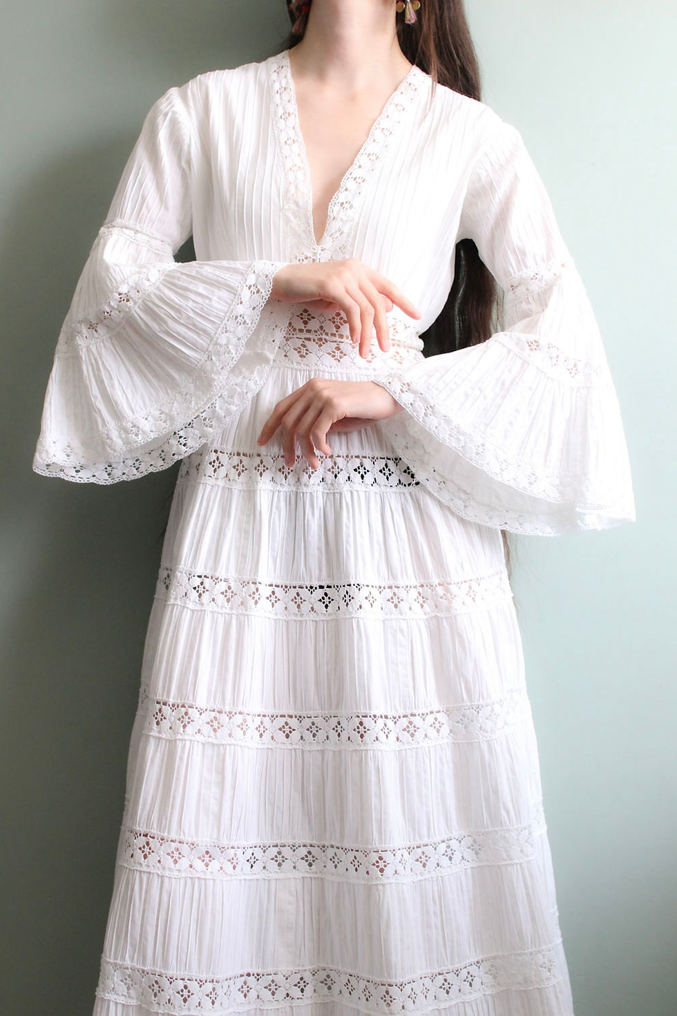 Thumbnail: Vintage 70s mexican wedding dress with bell sleeves and insertion lace